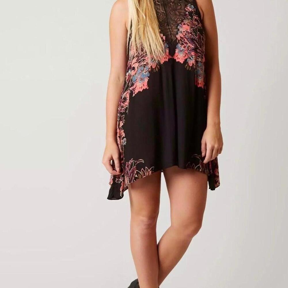 Free People intimately free Marsha Black floral mini dress high neck lace trim